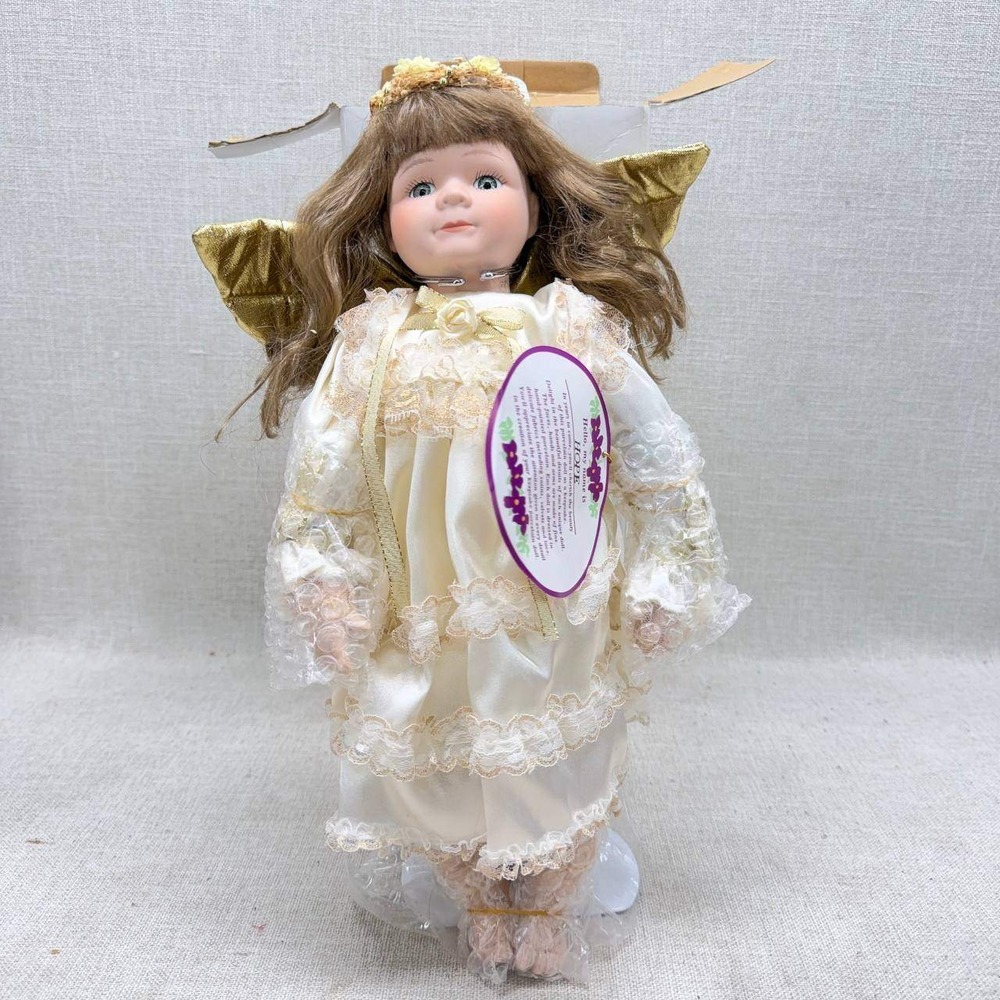 Keepsake Porcelain Doll Hope Angel 14 inch Hand Painted Cream Lace Gold Wings
